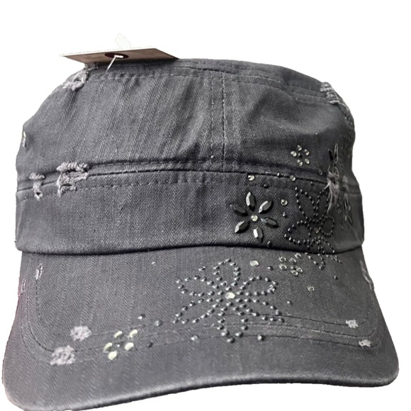 Women's Ililily Gray Distressed Embellished Military Army Hat Cadet Cap - Picture 7 of 14